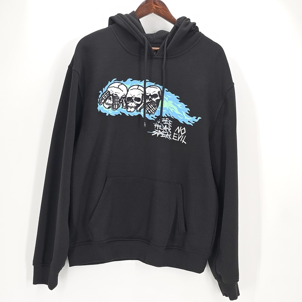 rue21 Hoodie Mens Medium Black No Evil Skull Graphic Pullover Fleece Back Print
